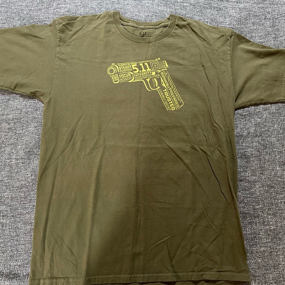 5.11 Tactical Olive Green Short Sleeve Graphic Tee with Yellow Print